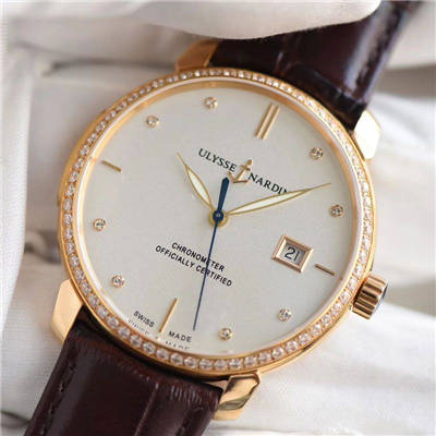 【FK Perfect  High quality  Replica Watches 】 Ulysse Nardin 鎏金系列8156-111-2/92 表圈镶钻 wrist watches 