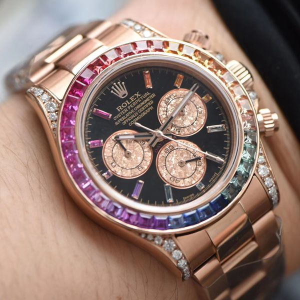 独家后加工真钻包金ROLEX彩虹迪 Rolex  Cosmograph Daytona  Ditongna  Replica Copy 116595 RBOW wrist watches 