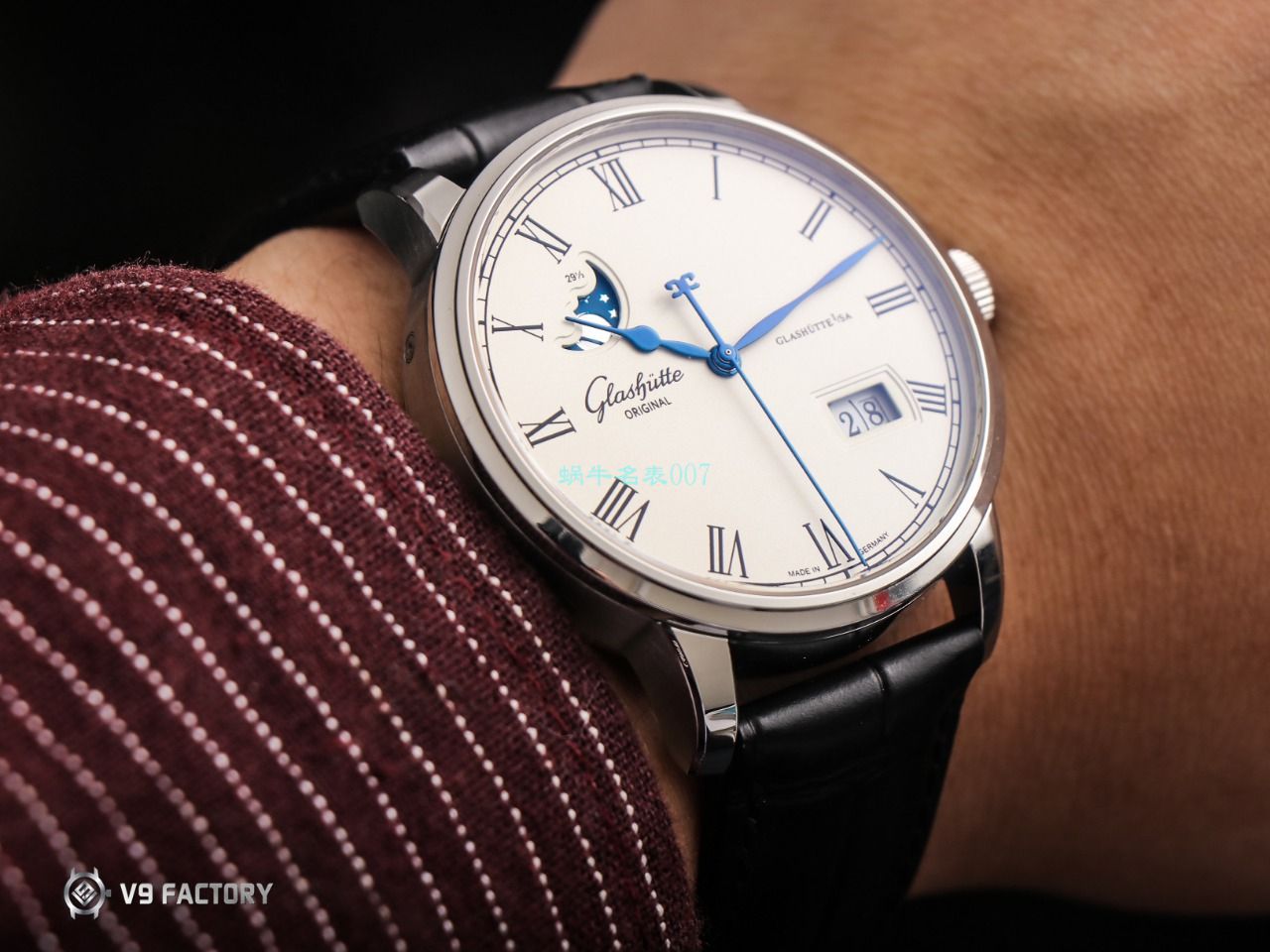 【视频最大的 Replica Watches 网站】V9 Factory glashuette original原创议员月相100-04-05-12-30 wrist watches  / GLA069